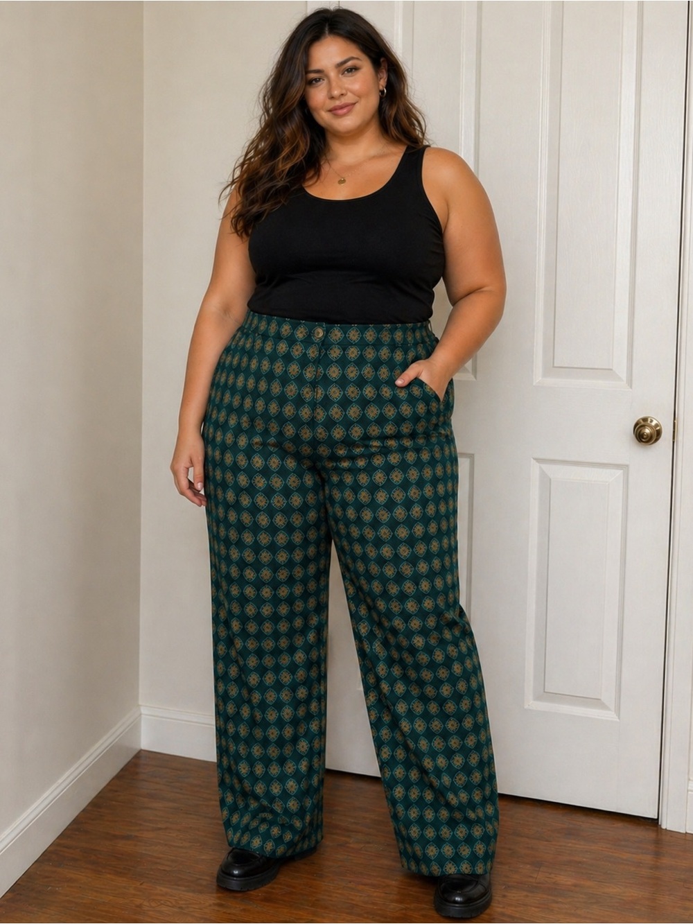 Lands' End Green and Gold Printed Wide-Leg Pull-On Pants